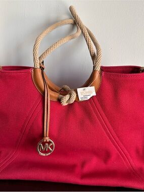 Michael Kors Margaret MK Ring Large Canvas Tote Bag w/ Rope Handles and Leather